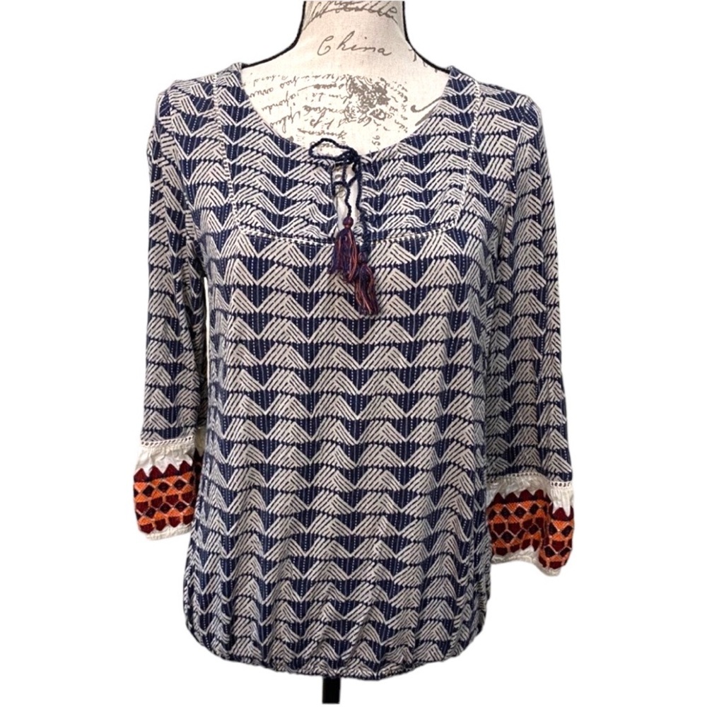 Kenar Geometric Print Embroidered Cuff Blouse Self Tie Front‎ Key Hole